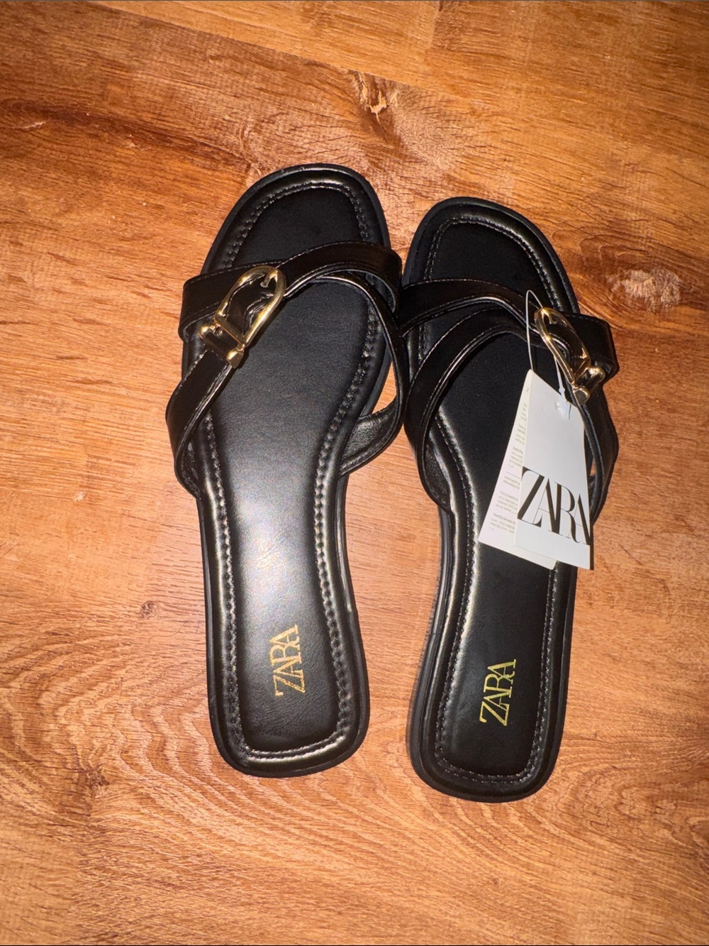NWT Zara Black Leather Criss Cross Strappy Gold Hardware Sandals